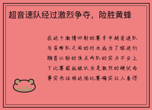 超音速队经过激烈争夺，险胜黄蜂