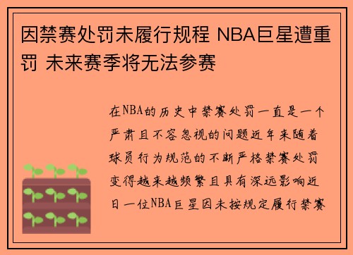 因禁赛处罚未履行规程 NBA巨星遭重罚 未来赛季将无法参赛